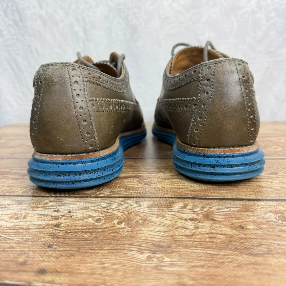 Cole Haan Mens 10 Brown Leather Lunargrand Wingtip Oxford Blue Sole Quiet Luxury